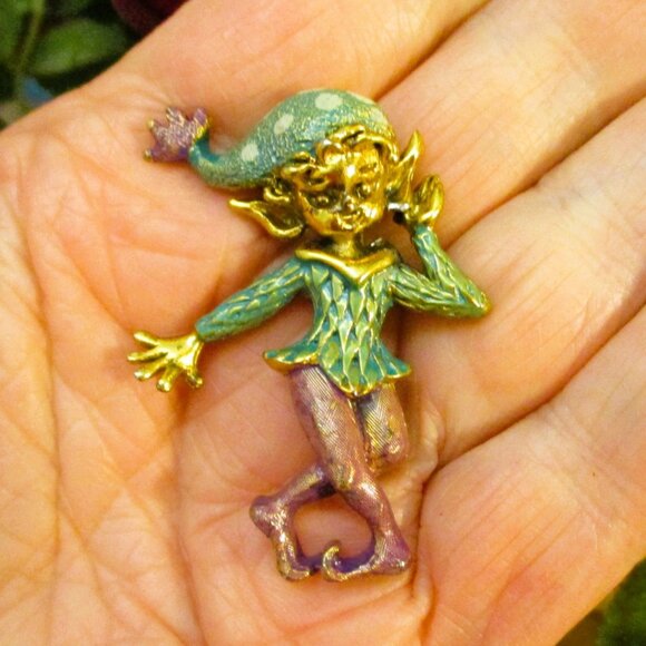 TORTOLANI 24KGP Enamel Pixie Elf Brooch~ DESIGNER Teal Plum Gold Figural Elf Pin - Picture 8 of 14